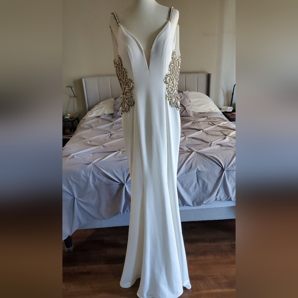 Elegant White and Gold Evening Gown/Prom Dress